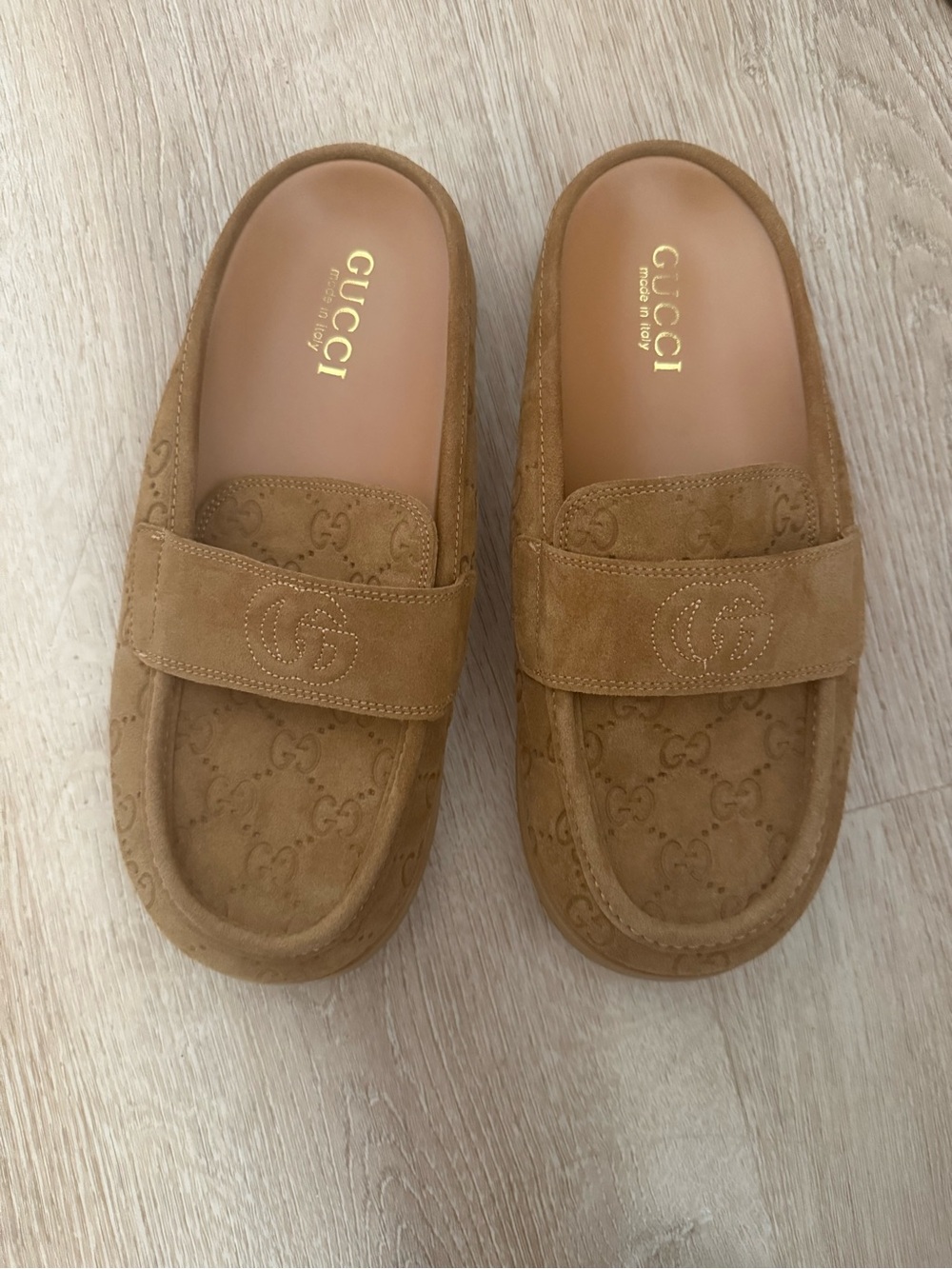 Gucci Women's Tan Suede GG Mule Slides